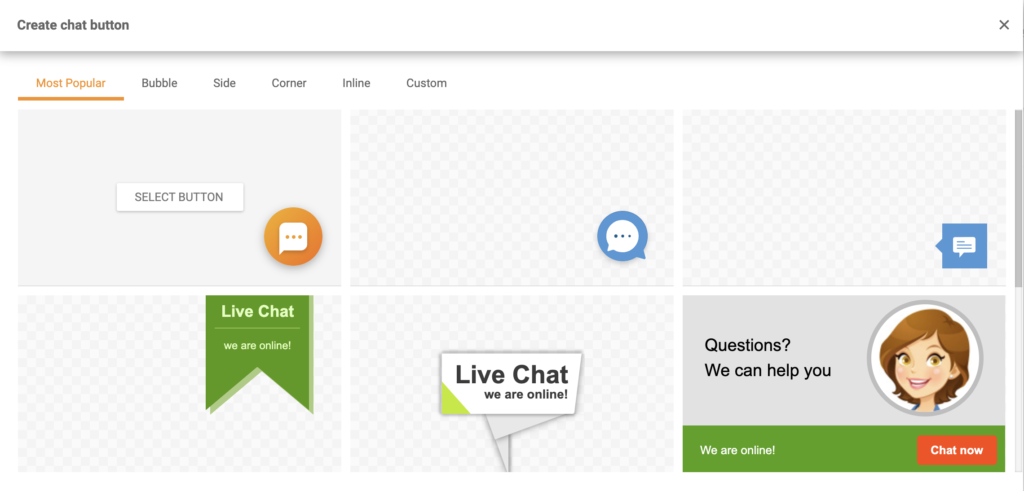 Chat-Button-Galerie mit einer großen Auswahl an Chat-Buttons in LiveAgent