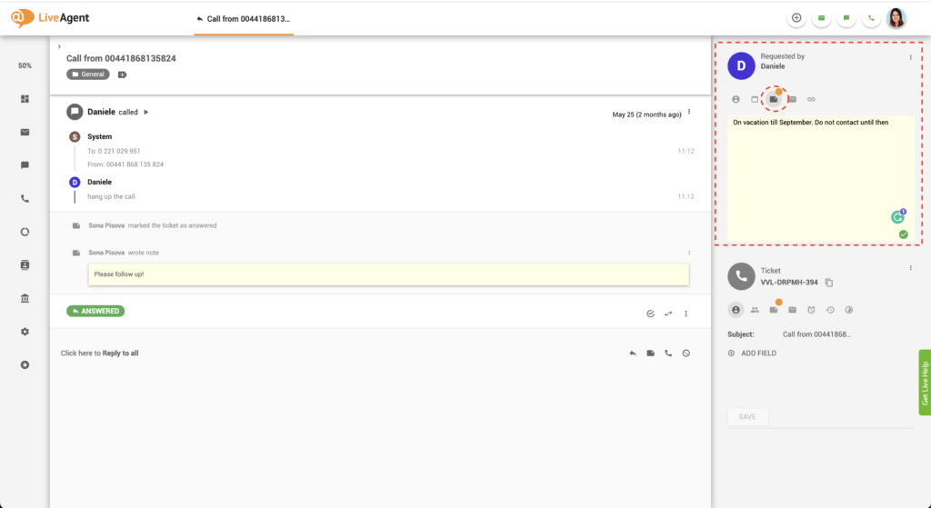 Kontaktfeld Helpdesk-Notiz