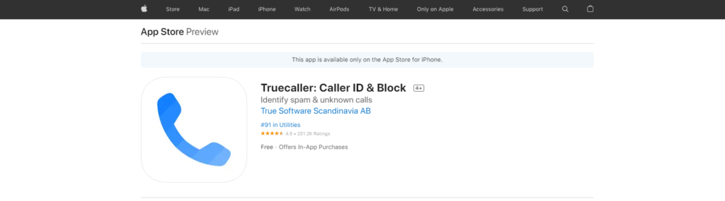 Truecaller: Anruferkennungs- und Blockierungs-App Store-Website