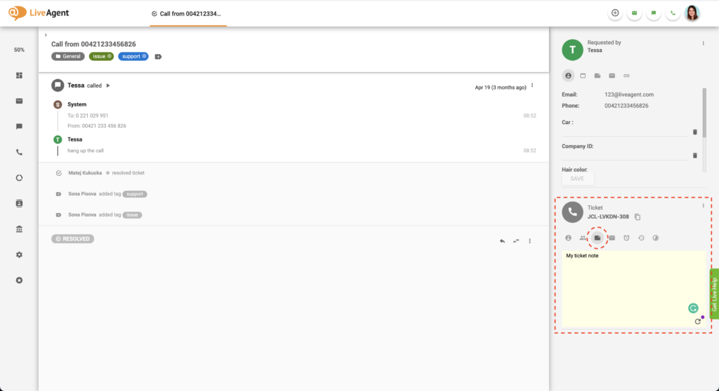 Ticketfeld Helpdesk-Notiz